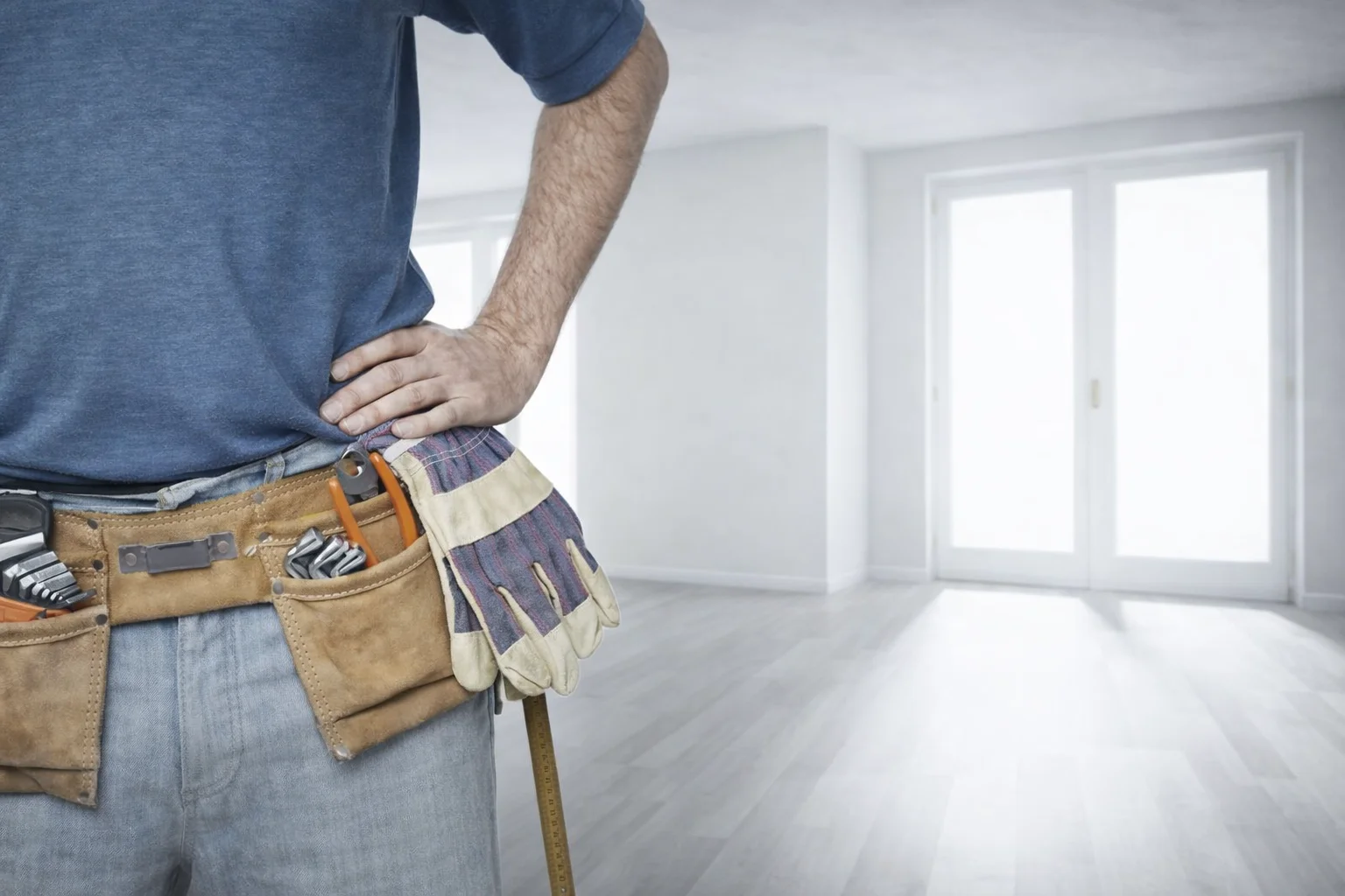 Construction worker in a tool belt standing indoors